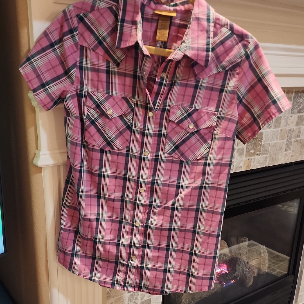 Wrangler Pink and Black Plaid Button Down Shirt
